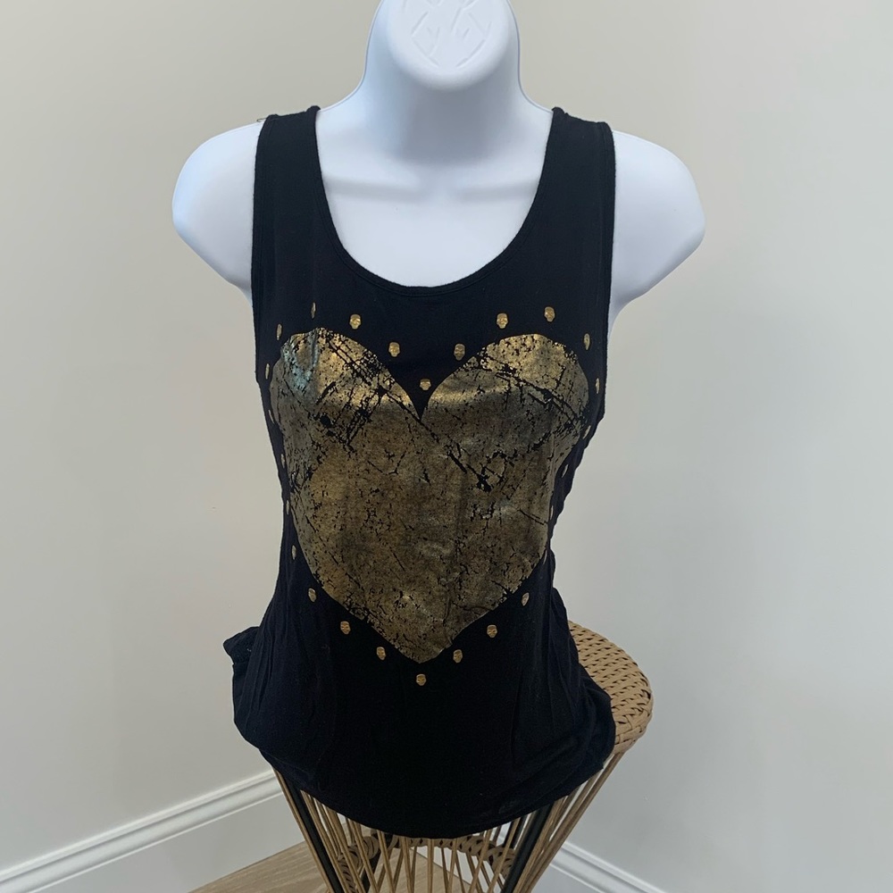 Ginger G Black Tank sleeveless tee with Gold Metallic Heart lace back shirt